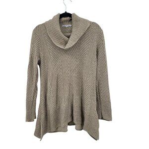 Womens Cowlneck Tunic Sweater Sz L Oatmeal Textured Knit Comfy Cotton Lagenlook